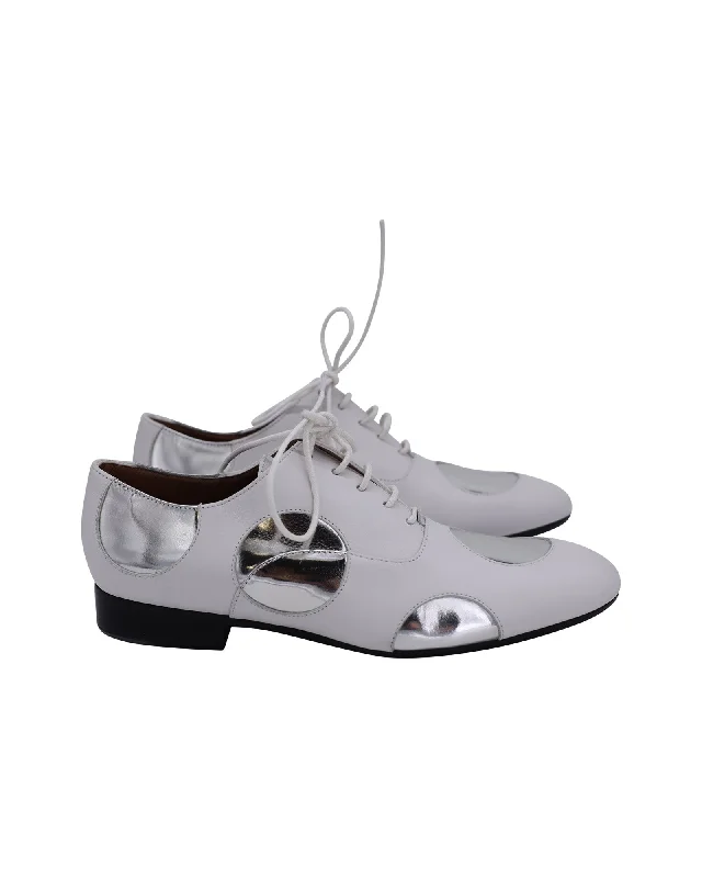 Marni Polka Dot Lace Up Oxfords in White and Silver Leather