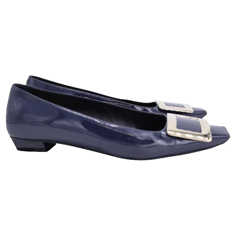 Roger Vivier Belle Vivier Metal Buckle Ballerinas in Navy Blue Patent Leather