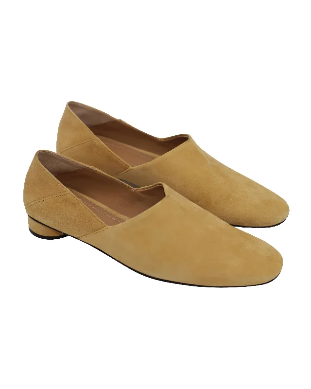 The Row Noelle Collapsible-Heel Loafers in Camel Suede